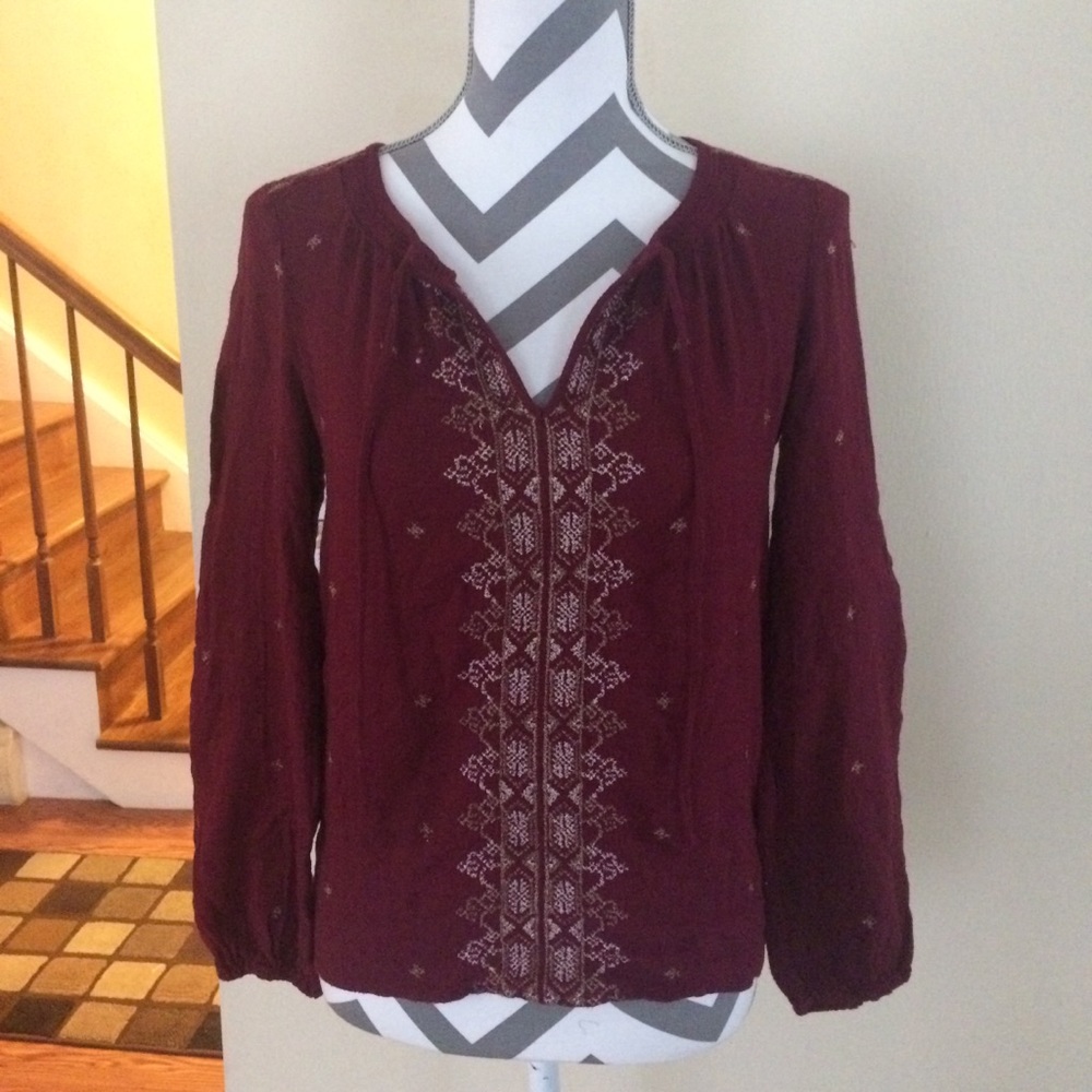 Lucky Brand burgundy peasant top, gold embroidery